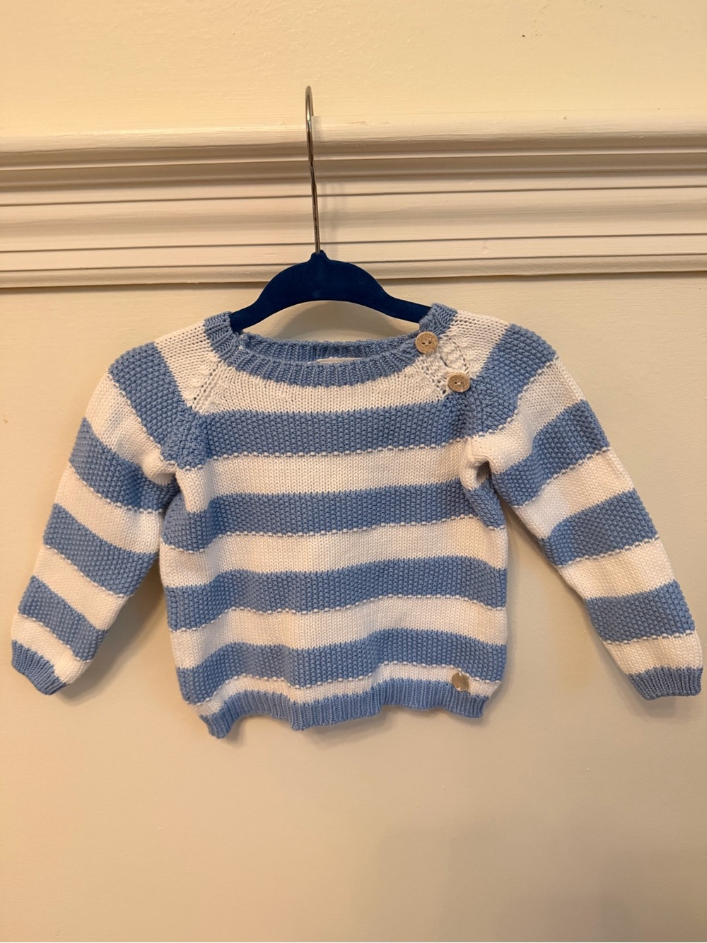 Paz Rodriguez Baby Blue and White Striped Knit Sweater 6M